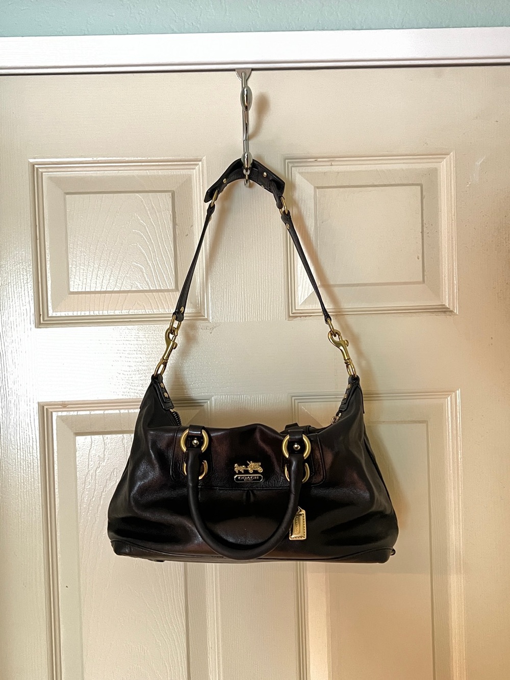 Vintage Coach Madison Sabrina Satchel 12937 Black Leather with Purple Lining